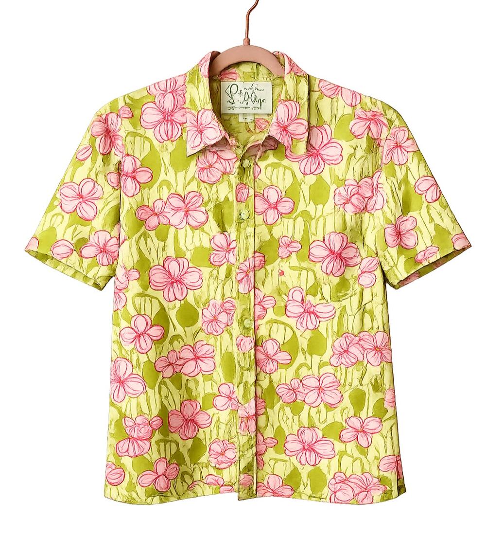 Vintage Lilly Pulitzer Mens Stuff Shirt L Pink Green Floral Short Sleeve Cotton